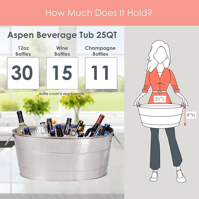 BREKX Aspen Heavy-Duty Oval Stainless Steel Drink Cooler for Parties - Metal Large Ice Bucket for Drinks, 25-Quart (30-Bottle) Large Cooler Ice Container for Parties, Leak Resistant