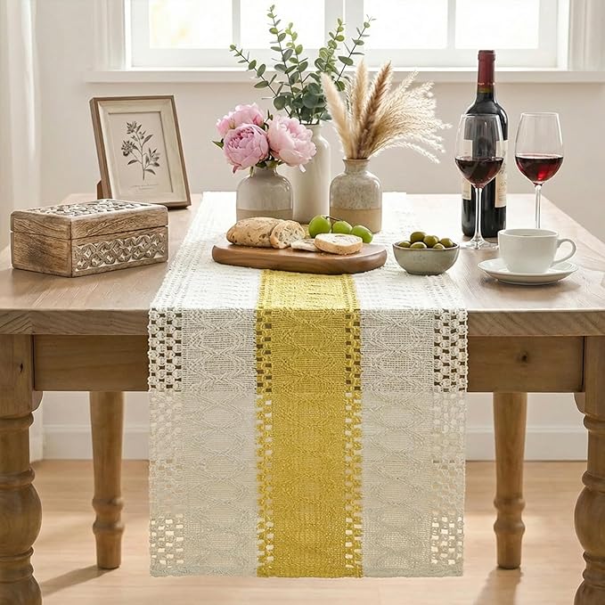 Artoid Mode Yellow Farmhouse Rustic Table Runner, Seasonal Holiday Hollow Kitchen Dining Table Decoration for Home Party Decor 12x48 Inch