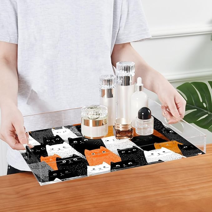 Serving Tray with Handles Clear Acrylic Tray 12x16 Inch Decorative Rectangular Tray Organizer for Ottoman Coffee Table Bathroom Black and White Orange Cat