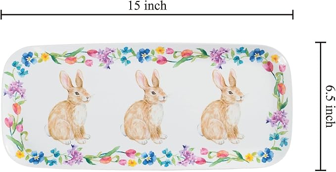UPware Easter Bunny Melamine Serving Tray, 15 x 6.5 Inch Rectangular Serving Platter, BPA Free Food Tray for Party Entertaining