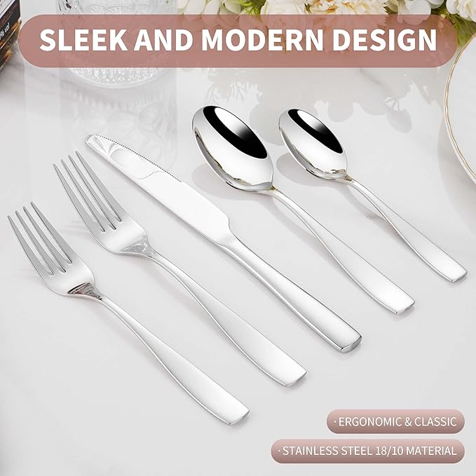 40-Piece 18/10 Stainless Steel Flatware Set for 8, Heavy Duty Silverware Set, Modern Weighted Silverware, Dishwasher Safe Knives Forks and Spoons Set