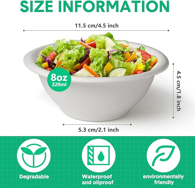 300 Pack Disposable Paper Bowls Quality White Bowls Small Sugar Cane Fibers Party for Ice Cream Fruits Salad Soup Hot or Cold Use Catering Picnics Camping and Restaurant Supplies (8 oz)