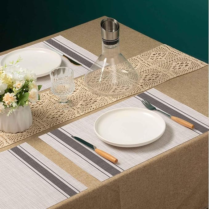 AHHFSMEI Placemats for Dining Table Set of 4 Woven Vinyl Plastic Place Mats Non-Slip Heat Insulation Stain Resistant Table Mats Washable Easy Clean Placemats (Beige Brown Stripe 4)