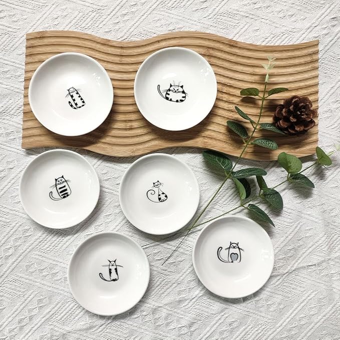 Cute Cat Ceramic Kitten Plates, 4 Inch Cat Bowls, Appetizer & Dessert Sauce Dishes, Small Seasoning & Serving Dish Set of 6