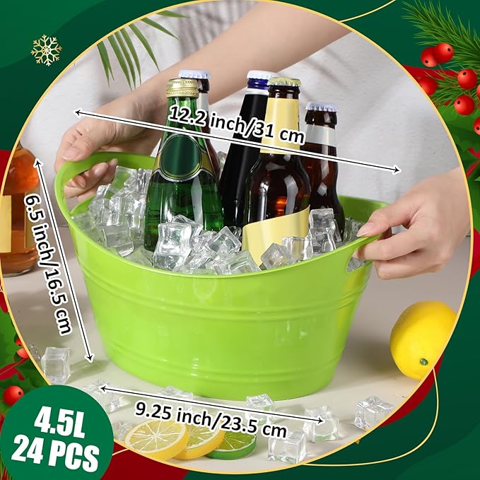 Norme 24 Pcs Oval Storage Tub with Handles 4.5L Plastic Ice Bucket, Wine, Beer, Champagne Drink Cooler for Parties, Beverage Storage Basket (Lime Green)