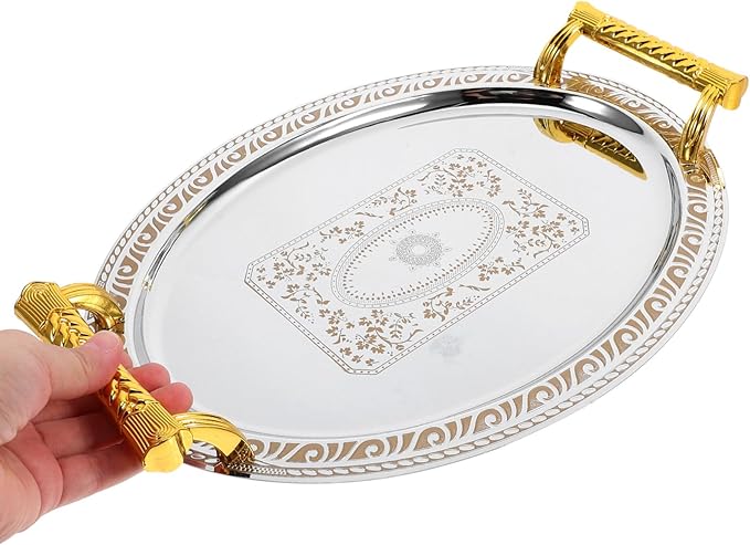European Style Stainless Steel Serving Tray Vintage Oval Food Storage Tray for Snacks Fruits Desserts Reusable Easy to Clean for Home Restaurant Use Silver Gold Edge
