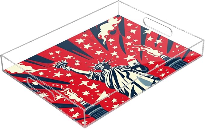 Serving Tray with Handles Clear Acrylic Tray 12x16 Inch Decorative Rectangular Tray Organizer for Ottoman Coffee Table Bathroom July 4th Statue of Liberty Red