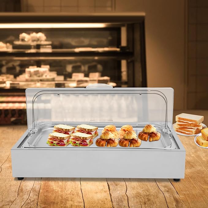 Countertop Ice Food Serving Display Tray with Clear Roll Top, 6L Chilled Serving Tray, Cold Serving Cooler Platter, Cooling Food Dishes Display Plate Case for Party (Single Compartment)