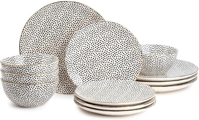 12-Piece Ceramic Dinnerware Set, Black & White, Dishwasher & Microwave Safe Tableware for Home Kitchen Dining Entertaining
