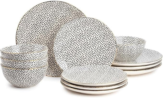 12-Piece Ceramic Dinnerware Set, Black & White, Dishwasher & Microwave Safe Tableware for Home Kitchen Dining Entertaining