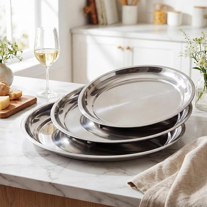 3 Pack Stainless Steel Large Silver Serving Trays Round Serving Platters 15.75" 13.78" 11.8" Metal Tray Set Mirror Tray for Party Kitchen Charcuterie(Smooth Style)