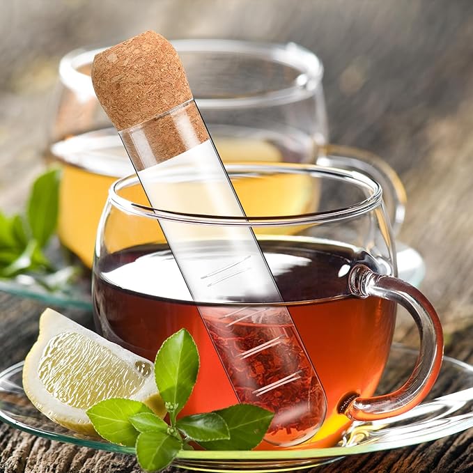 6 Pcs Glass Tea Infuser with Cork, Clear Tea Strainer, Reusable Tea Steeper for Loose Tea, Fits for Cups, Mugs and Teapots Portable for Travel, Home, Office
