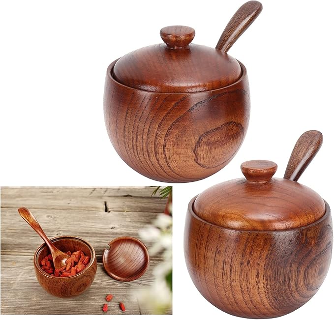 2 Set Condiment Jar, Retro Wooden Condiment Jar Spice Container with Lid and Spoon for Home Restaurant Kitchen, Sugar Bowl with Lid and Spoon, Canisters Pots Seasoning Box Salt Container