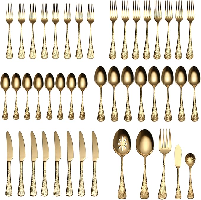 Quality Material Silverware Set with Squared Edge,18/10 Stainless Steel Cutlery Set,45 Piece Flatware Set,Service for 8,Dishwasher Safe(45)(gold)