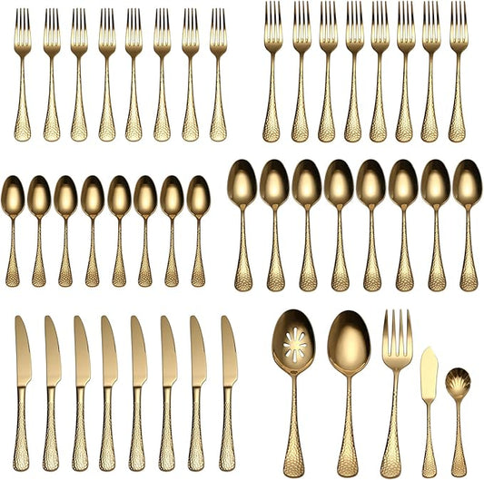 Quality Material Silverware Set with Squared Edge,18/10 Stainless Steel Cutlery Set,45 Piece Flatware Set,Service for 8,Dishwasher Safe(45)(gold)
