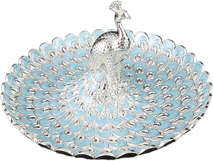 Fruit Plate Serving Tray Household Peacock Decorative Cosmetic Tray for Makeup Desk Dressing Table Dessert Candy Coffee Table, Silver Blue