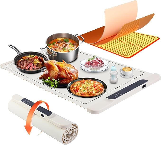 Food Warming Mat - Electric Warming Tray for Buffets Party and Home Daily Use,10H Timer, Child Lock, Auto Shut-Off Portable Silicone Heat Pad for Travel & Dining, Beige