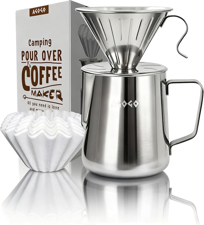 AGOGO Portable Pour Over Coffee Maker V60 Set - Easy Cleaning Compact 304 Stainless Steel Dripper for Camping & 50 Filters Paper & Cleaning Rag Silvery 30oz
