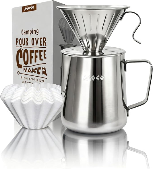 AGOGO Portable Pour Over Coffee Maker V60 Set - Easy Cleaning Compact 304 Stainless Steel Dripper for Camping & 50 Filters Paper & Cleaning Rag Silvery 30oz