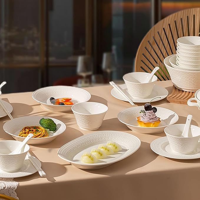 White Dinnerware Sets for 8 Dinner Plates 24 31 38 46 62pcs Plates And Bowls Sets Simple Style Dishware Sets Kitchen Dishes Set Dinner Set for Family Gatherings Dishwasher&Microwave Safe(62pcs)