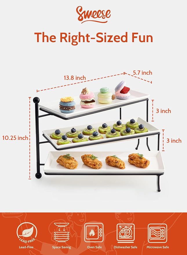 Sweese 3 Tiered Serving Stand, Foldable Rectangular Food Display Stand with White Porcelain Platters - Serving Trays, Dessert Display Server for Brithday Party, Valentine's Day and Events