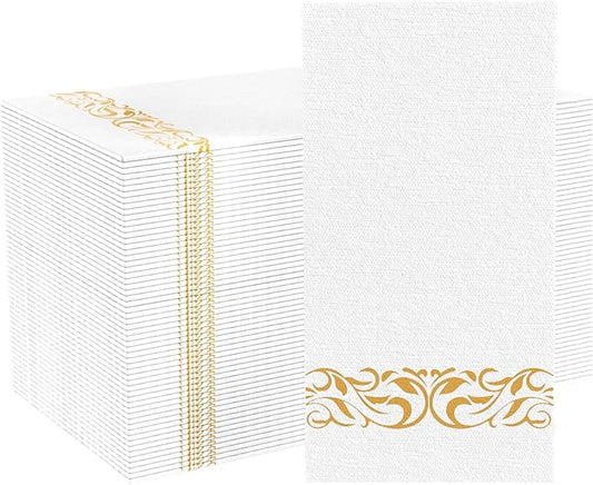 200 Pack Disposable Paper Napkins, Linen-Feel Paper Hand Towels, Elegant White Napkins with Gold Design for Kitchen, Wedding, Parties, Dinners or Events (12" x 17")