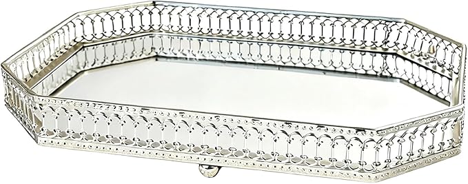 11.2 in Silver Mirrored Tray, Decorative Vanity Perfume Tray, Hollow-Carved Design Iron Serving Tray for Dresser, Home Decor