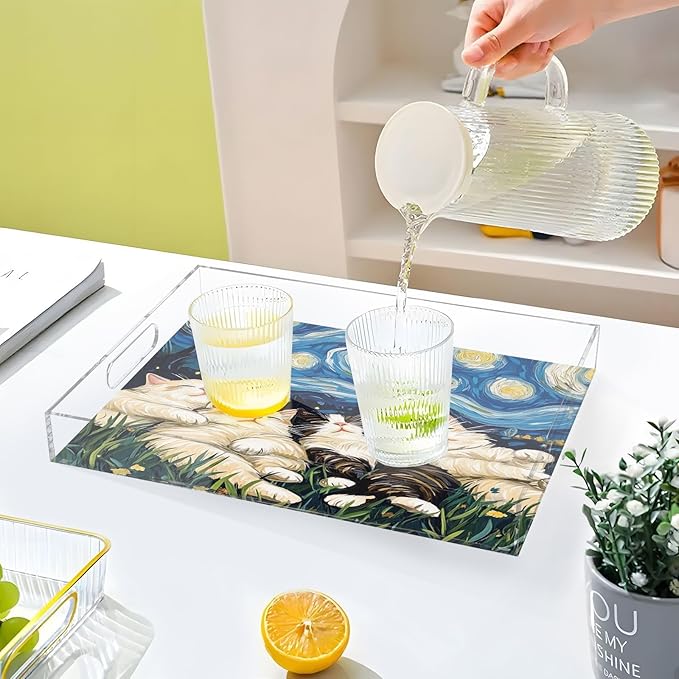Serving Tray with Handles Clear Acrylic Tray 12x16 Inch Decorative Rectangular Tray Organizer for Ottoman Coffee Table Bathroom Starry Night Floral Ragdoll Cats Cartoon