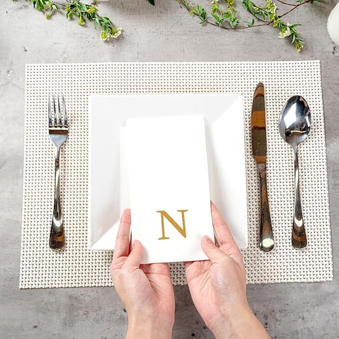 Luxenap 15.8 X 7.9 Inch Linen-Feel Guest Towels, 50 Lettered Hand Towels - Gold Letter 'N', Sans Serif Font, White Paper Dinner Napkins, airlaid, For Restrooms And Tables