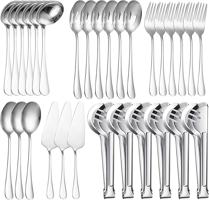 30 Pcs Stainless Steel Metal Serving Utensils Set with Slotted Serving Spoons, Serving Forks, Serving Tongs, Ladles and Pie Servers for Catering/Buffet/Chafing Dish (Silver)