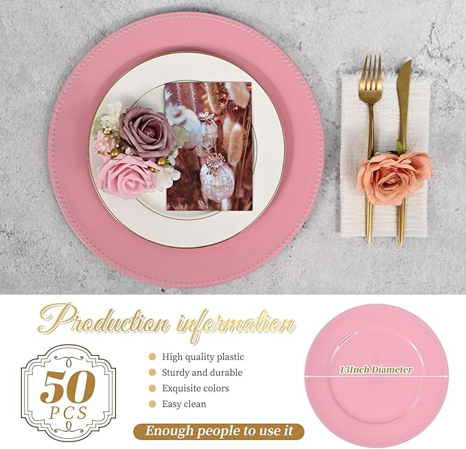 50 Pcs Pink Charger Plates, 13 Inch Round Plastic Chargers for Dinner Plates, Elegant Wedding Plate Charger Bulk, Reusable Chargers Serving Plates for Wedding Party Event Tabletop Decoration