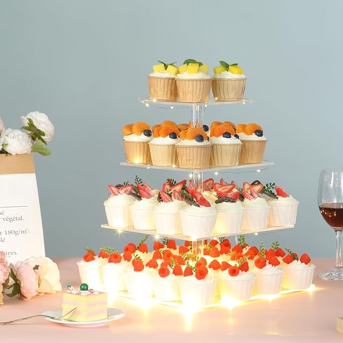 4 Tier Premium Cupcake Stand Cupcake Holder, Acrylic Cupcake Tower with LED Yellow Light for Cupcakes, Dessert Table Display Set for Birthday, Bar, Decor Weddings, Parties Events