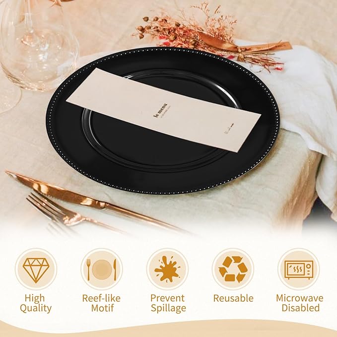 fani 50 Pcs Black Charger Plates Bulk, 13'' Round Beaded Dinner Charger Plates, Plastic Reusable Vintage Table Decoration for Wedding, Party, Reception, Event, Holiday Supplies