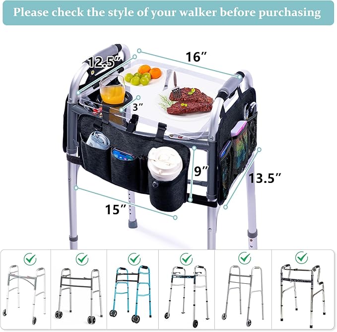 BAGSFY Clear View Walker Tray with Cup Holder & Front, Side Pockets, Transparent Folding Walker Table for Seniors, 8.8lbs Load-Bearing Sturdy PP Tray, Universal Fit Walker Accessory for Elderly