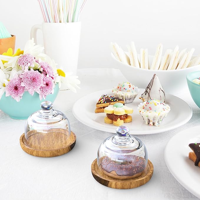 Amosfun Glass Dessert Dome Wooden Base Set - Mini Cake Stand Cake Serving Tray with 3 Inch Glass Dome Cover Birthday Wedding Party Dessert Serving Platter