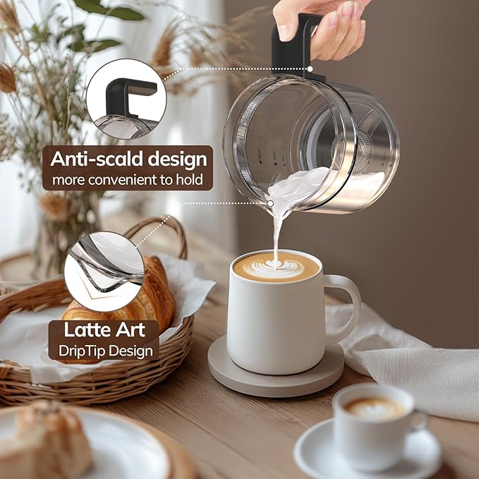 Large Electric Milk Frother and Steamer, 16.9oz/500ml Milk Steamer and Frother for Latte or Hot Chocolate, Dishwasher Safe, 6 Functions, Enjoy Perfect Milk Froth in 2 Min (Black-Glass)