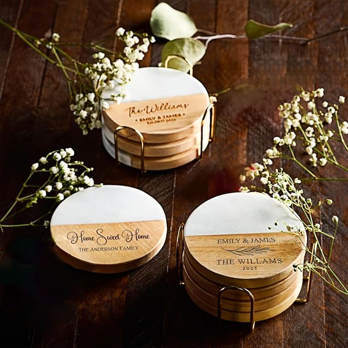 Custom Coasters Set of 4, Personalized Housewarming Gift, Engraved Gifts for New Home, New House Gifts for Couple