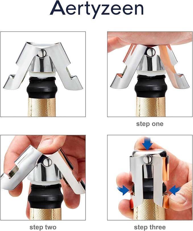 2 Pcs Champagne Stoppers - Premium Stainless Steel Reusable Champagne Bottle Stoppers with Locking Clamp - German Design Keep Bubbles Fresh for Prosecco, Cava, Sparkling Vine Stopper