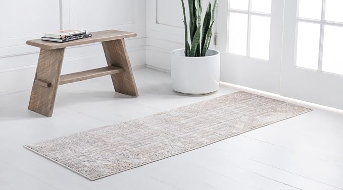 Rugs.com Oregon Collection Rug – 10 Ft Runner Ivory Low-Pile Rug Perfect for Hallways, Entryways