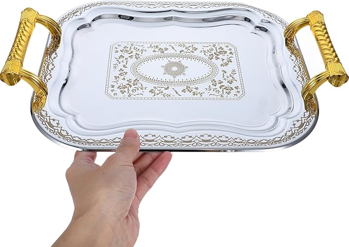 European Style Stainless Steel Serving Tray with Handle, Metal Snack and Fruit Plate for Food Presentation, Sturdy Tea and Beverage Tray for Home and Party Use