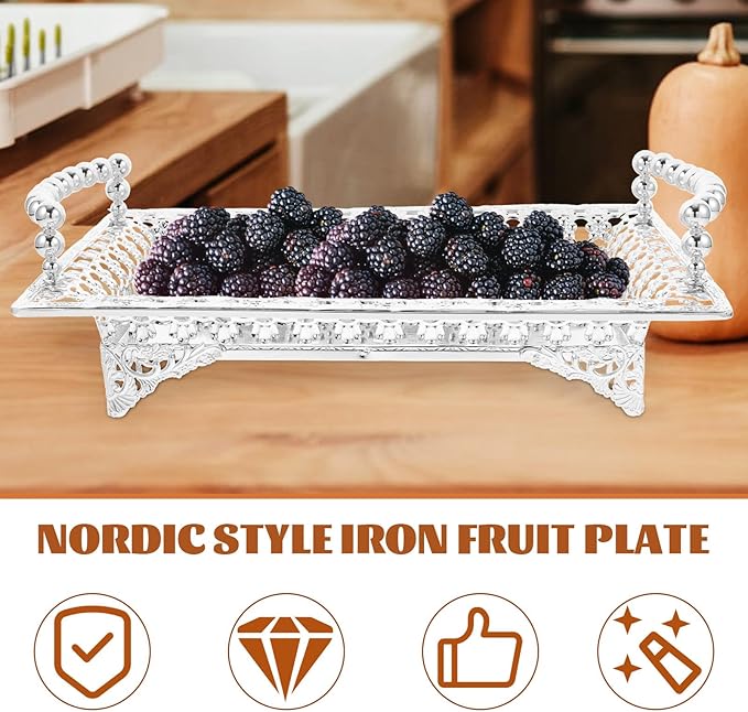 Luxshiny Silver Metal Fruit Tray with Glass Base, Nordic Style Beaded Handle Decorative Snack and Dessert Serving Plate for Home, Hotel, and Party Use