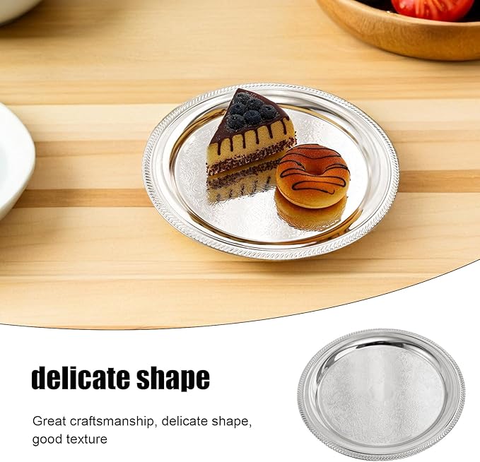 LUOZZY 2pcs Silver Metal Round Serving Tray for Dessert Cake Snacks Afternoon Tea Party