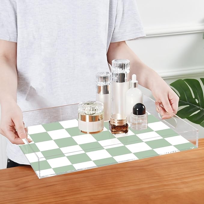 Serving Tray with Handles Clear Acrylic Tray 12x16 Inch Decorative Rectangular Tray Organizer for Ottoman Coffee Table Bathroom Checkered Green and White