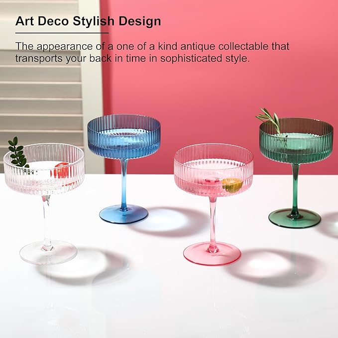 FERAHI 6 Pcs Ribbed Coupe Glasses, 10 oz Vintage Martini Glasses Set, Cute Espresso Martini Glass & Champagne Coupe Glass, Elegant Bar Glassware for Cocktails, Wine, Outdoor Entertaining & Gifts