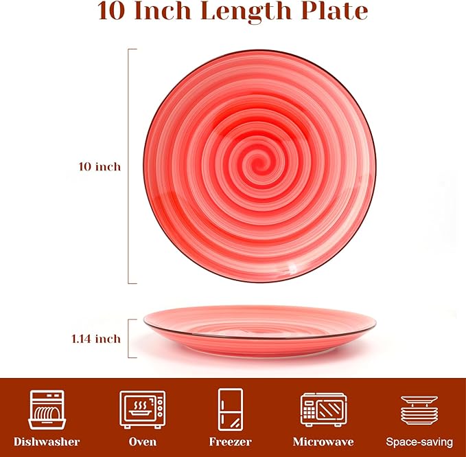 KitchenTour Ceramic Dinner Plates,10 Inch Colorful Salad Plates Set of 6, Serving Plates for Dessert, Pasta, Steak, Dishwasher and Microwave Safe