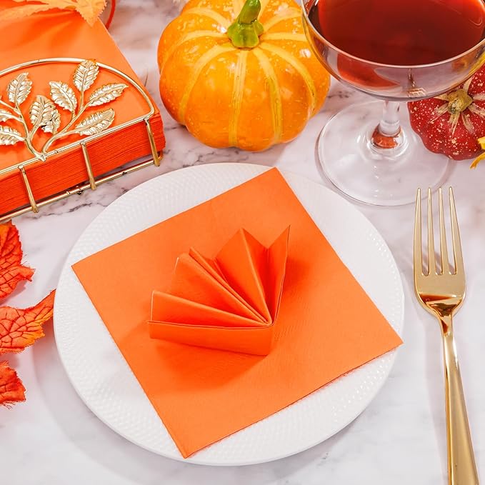 FLOWERCAT 100-Count 2-Ply Orange Napkins -Orange Cocktail Napkins Disposable Premium Quality - 5" x 5" Fall Paper Napkins for New Year Party,Fall,Bar,Weddings