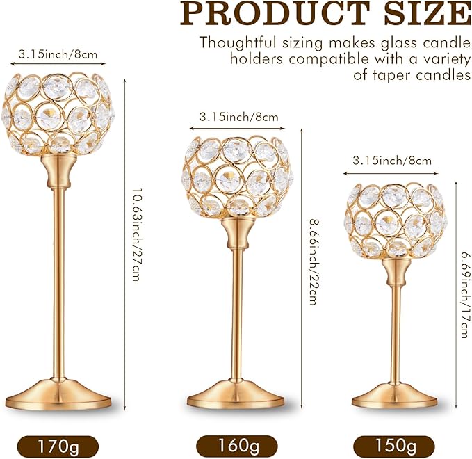 Crystal Metal Tealight Candlestick, Bling Bowl Candelabras, Tall Crystal Candle Holders Elegant Candle Centerpiece for Dining Table Wedding Home Mantel Decor(Golden, 4Sets(12 Pcs))