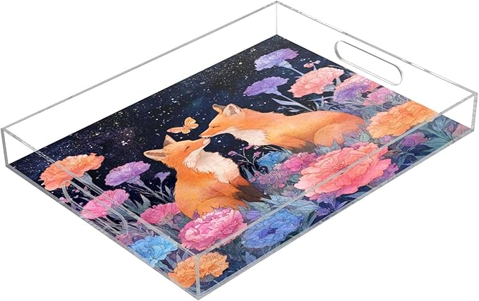 Serving Tray with Handles Clear Acrylic Tray 12x16 Inch Decorative Rectangular Tray Organizer for Ottoman Coffee Table Bathroom Foxes Carnations Colorful
