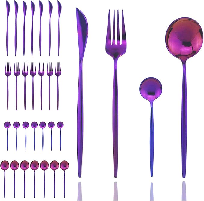 JASHII Silverware Sets, 32-Piece Stainless Steel Flatware/Cutlery/Tableware Set Service for 8 Person, Include Knife/Fork/Spoon, Mirror Polished (Purple)
