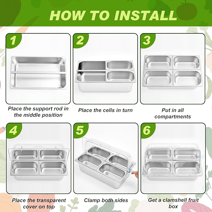 Tessco for you 16 Pcs Ice Food Spice Serving Display Countertop Chilled Condiment Container Set with Lid, Stainless Steel Salad Cold Caddy for Buffet Restaurant Kitchen Party(4 Compartments)
